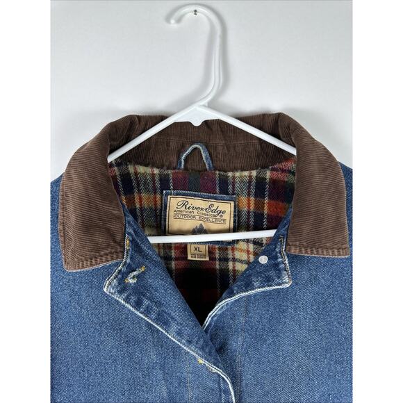 Vtg Denim Heavy Flannel Lined River Edge Women Sz XL Barn Jacket Corduroy Collar - Picture 2 of 7